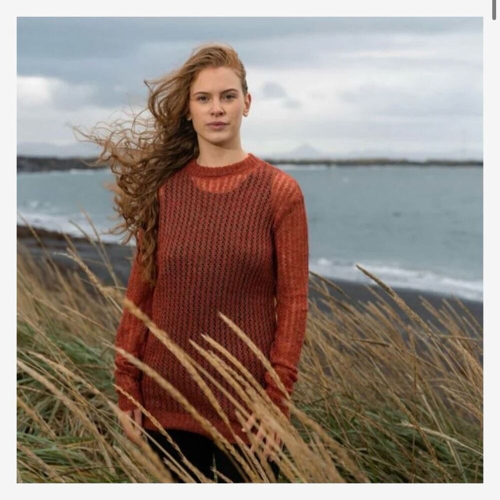 ICEWEAR Túnmóar wool mohair‎ knitted lace long sweater Sz S Iceland brick orange
